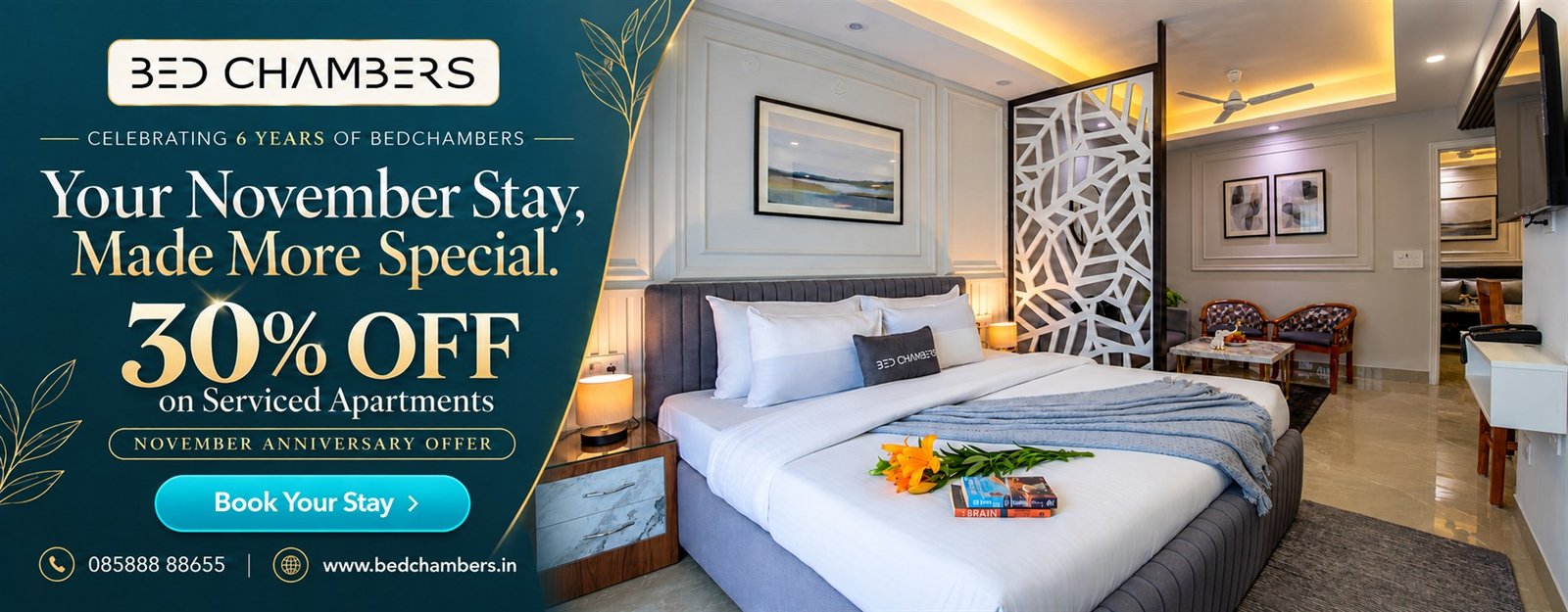 BedChambers 6th Anniversary Offer - 30% OFF on Serviced Apartments Gurgaon, Bangalore & Hyderabad